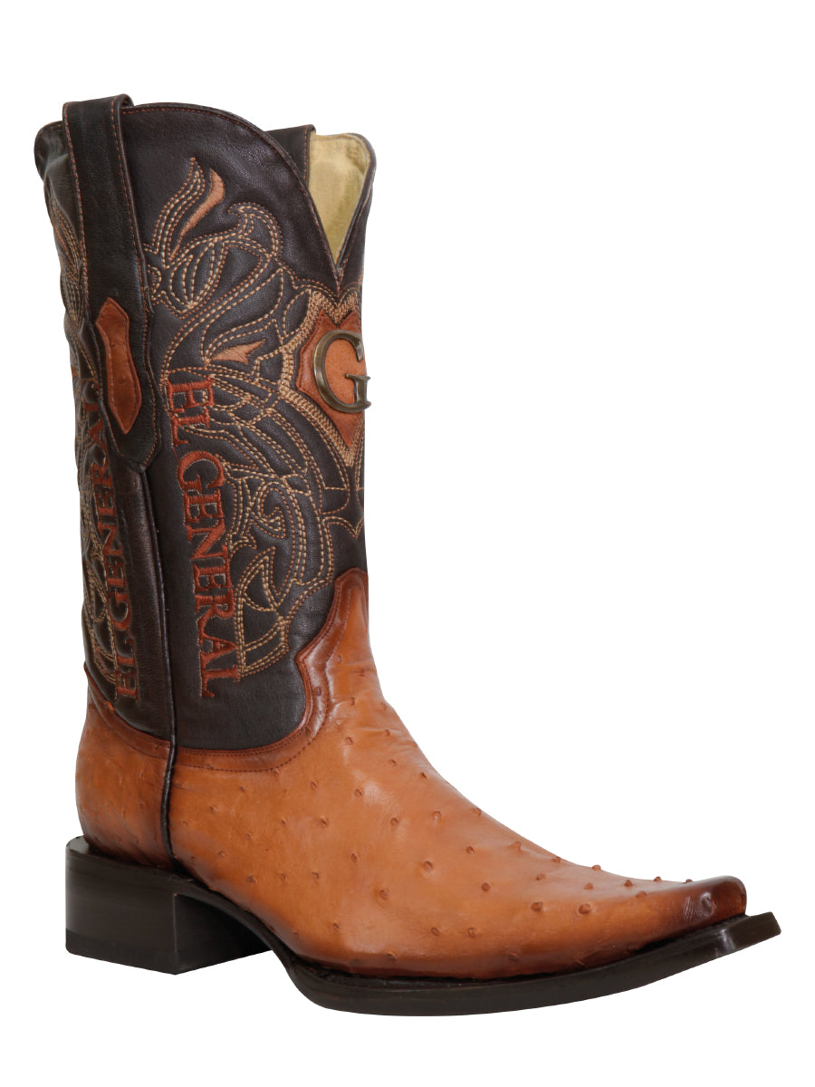 El General Men's Exotic Ostrich Leather Cowboy Boots - Cognac  45077